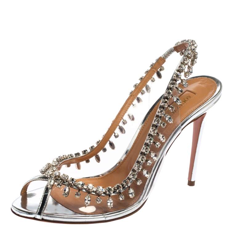 Pre Owned Aquazzura Silver PVC And Leather Temptation Crystal Sandals Size 37.5