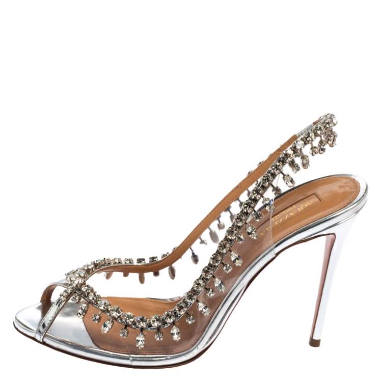 Pre Owned Aquazzura Silver PVC And Leather Temptation Crystal Sandals Size 37.5