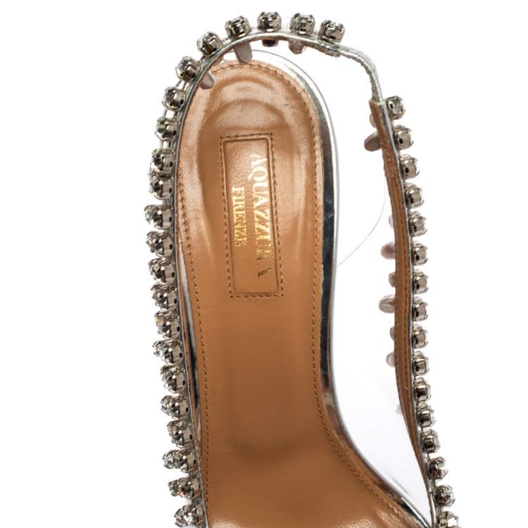 Pre Owned Aquazzura Silver PVC And Leather Temptation Crystal Sandals Size 37.5