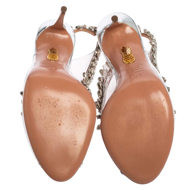 Pre Owned Aquazzura Silver PVC And Leather Temptation Crystal Sandals Size 37.5