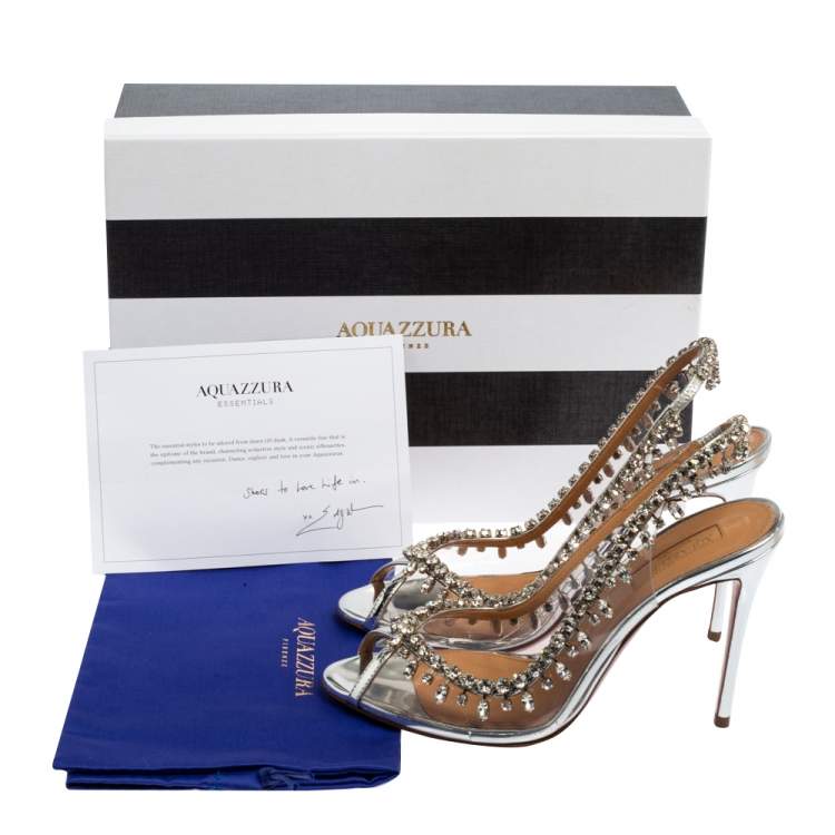 Pre Owned Aquazzura Silver PVC And Leather Temptation Crystal Sandals Size 37.5