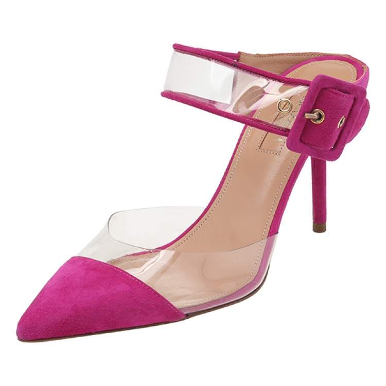 Pre Owned Aquazzura Purple Suede And PVC Seduction Mule Sandals Size 37