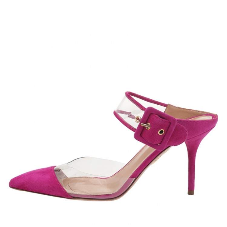 Pre Owned Aquazzura Purple Suede And PVC Seduction Mule Sandals Size 37