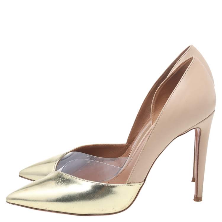 Pre Owned Aquazzura Gold-Beige Leather And PVC D'orsay Pumps Size 38