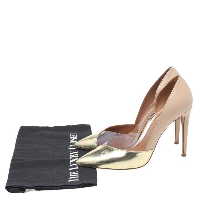 Pre Owned Aquazzura Gold-Beige Leather And PVC D'orsay Pumps Size 38