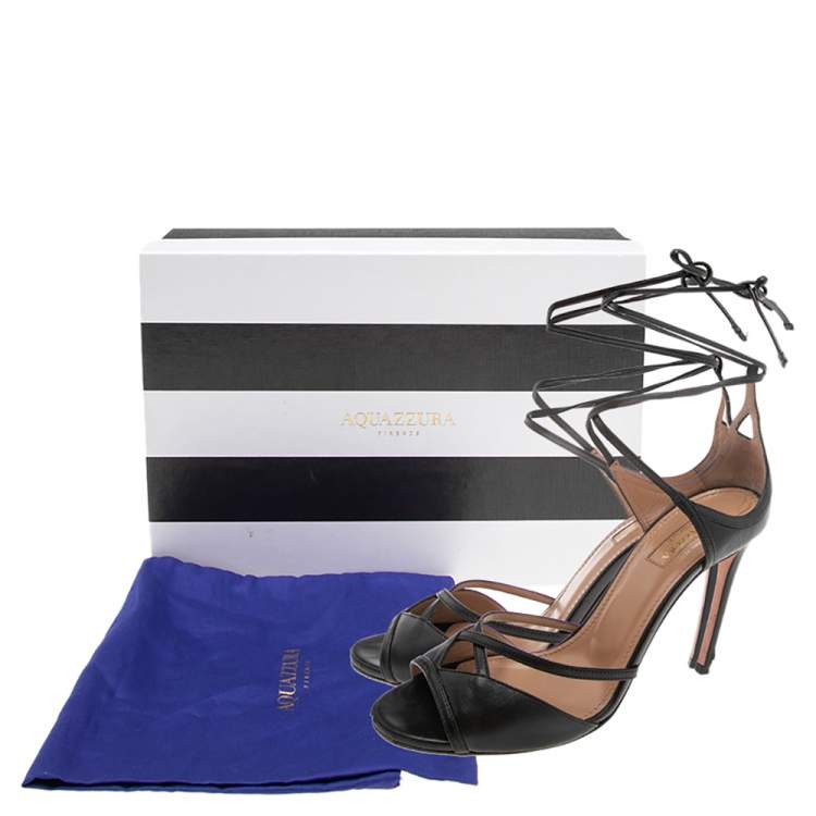 Pre Owned Aquazzura Black Leather Nathalie Ankle Wrap Sandals Size 36.5