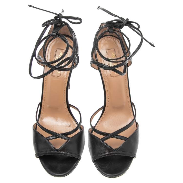 Pre Owned Aquazzura Black Leather Nathalie Ankle Wrap Sandals Size 36.5