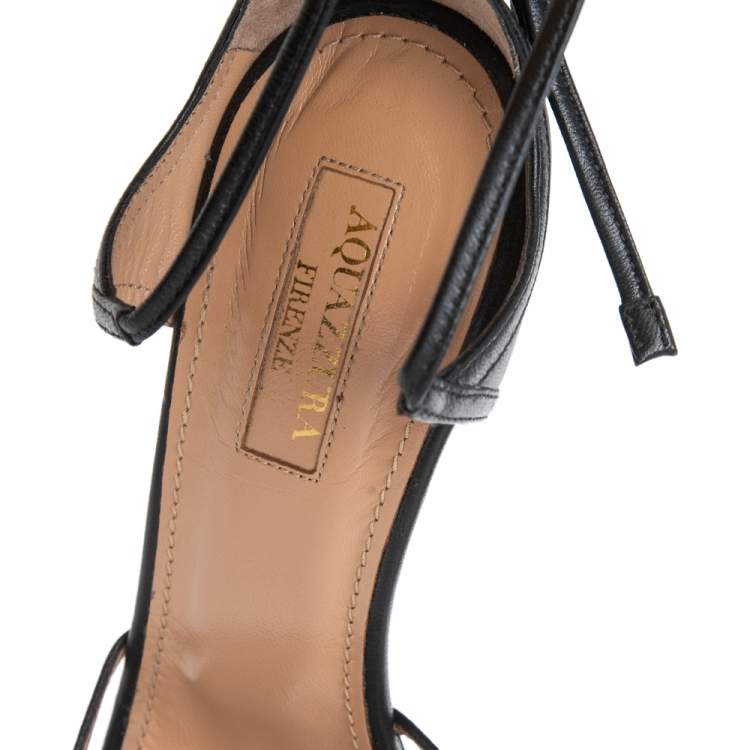 Pre Owned Aquazzura Black Leather Nathalie Ankle Wrap Sandals Size 36.5