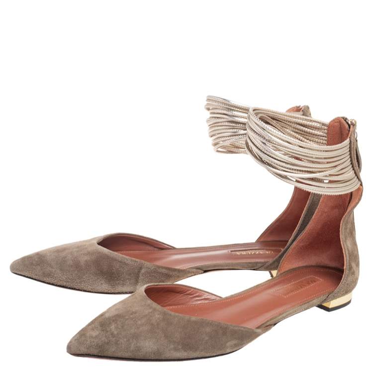 Pre Owned Aquazzura Olive Green Suede Hello Lover Flat Ankle Wrap Sandals Size 38.5