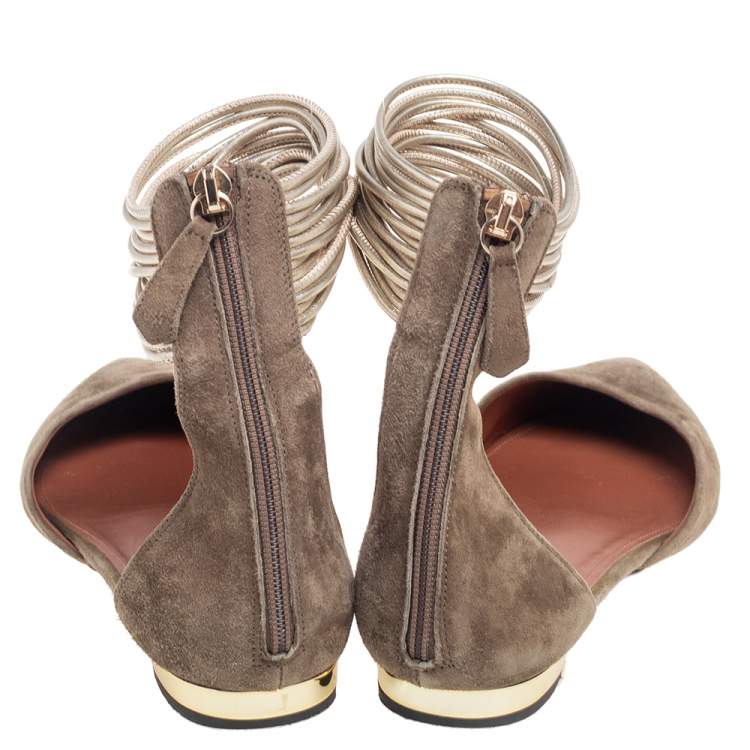 Pre Owned Aquazzura Olive Green Suede Hello Lover Flat Ankle Wrap Sandals Size 38.5
