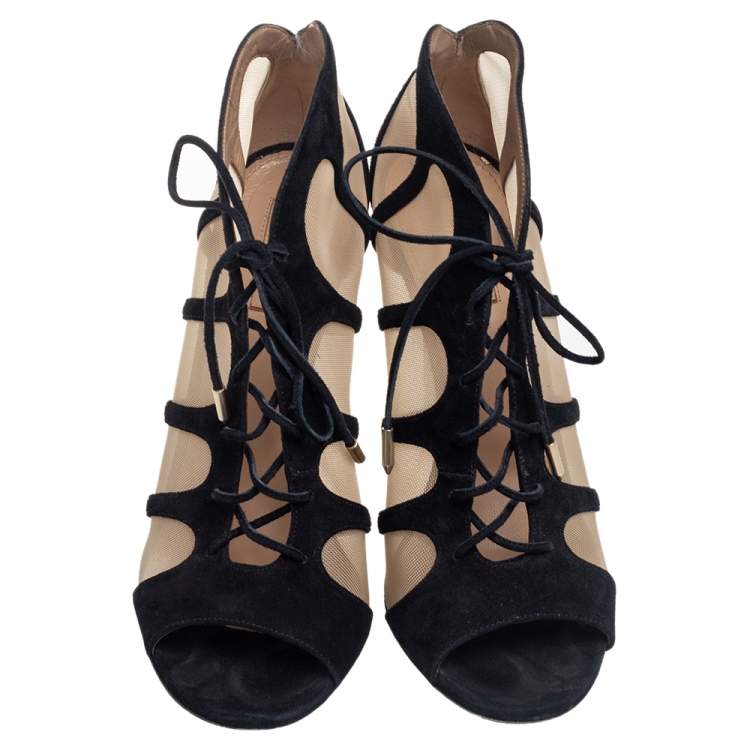 Pre Owned Aquazzura Black Suede And Mesh Elia Booties Size 39
