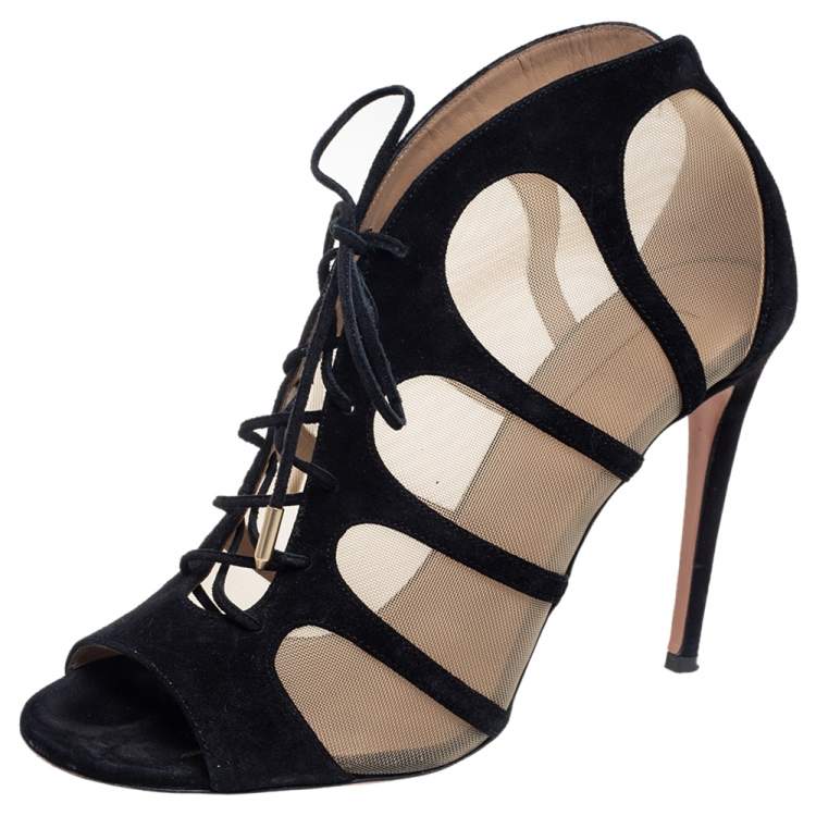 Pre Owned Aquazzura Black Suede And Mesh Elia Booties Size 39