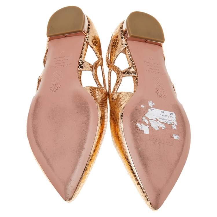 Pre Owned Aquazzura Gold Python Embossed Leather Ballet Flats Size 37
