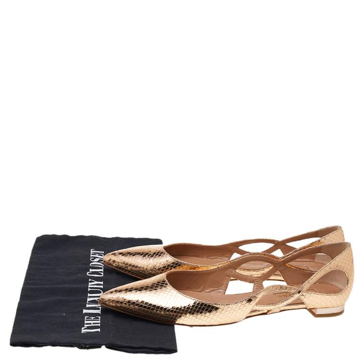 Pre Owned Aquazzura Gold Python Embossed Leather Ballet Flats Size 37