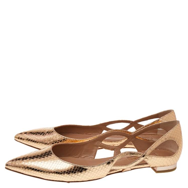 Pre Owned Aquazzura Gold Python Embossed Leather Ballet Flats Size 37