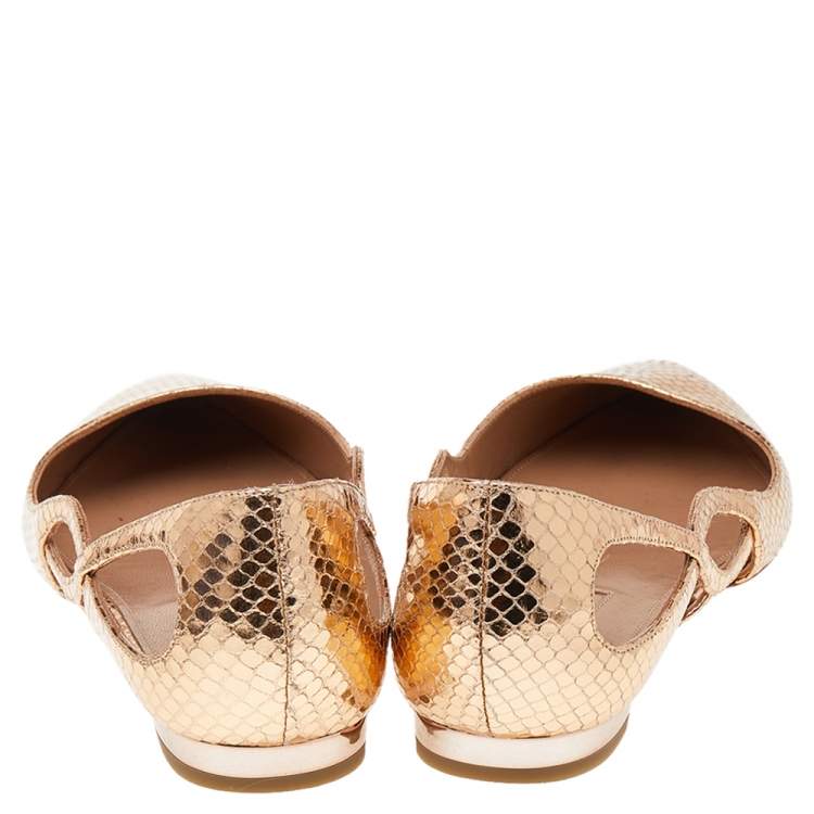 Pre Owned Aquazzura Gold Python Embossed Leather Ballet Flats Size 37