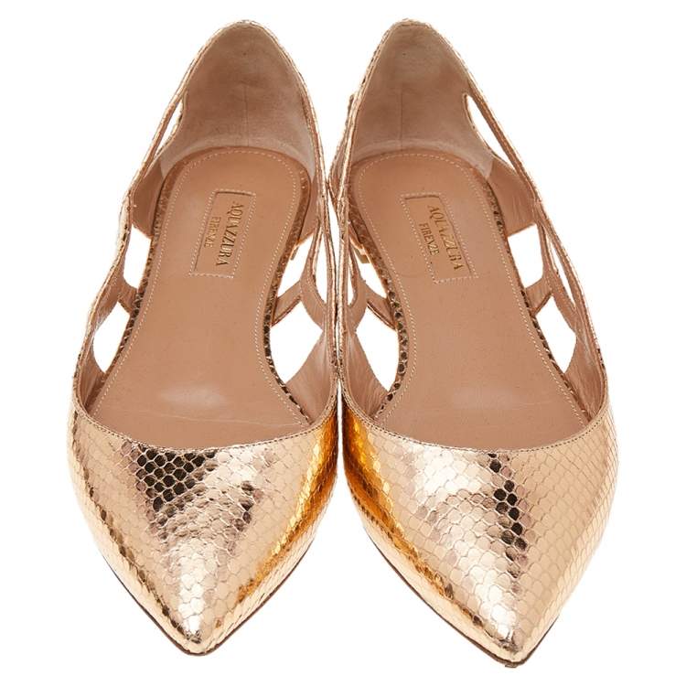 Pre Owned Aquazzura Gold Python Embossed Leather Ballet Flats Size 37