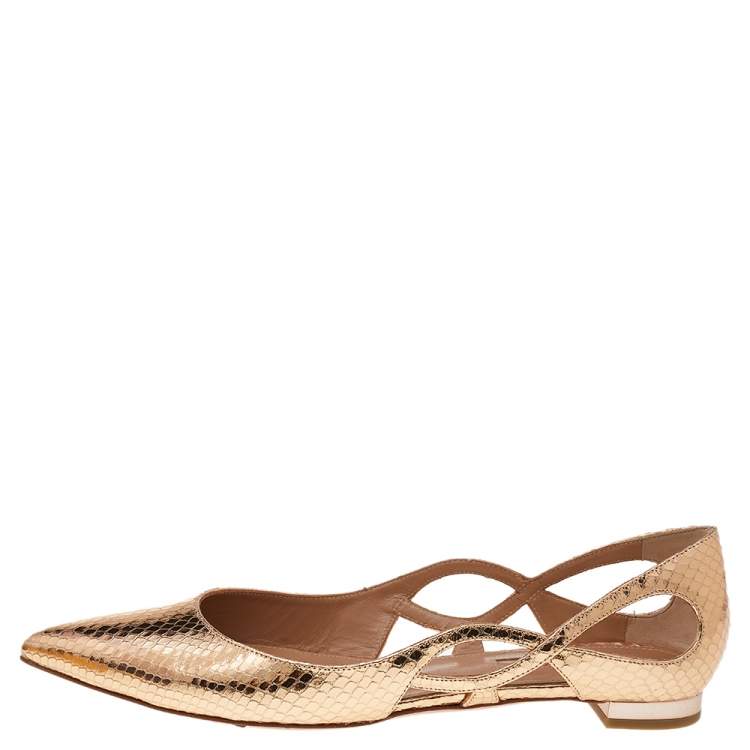 Pre Owned Aquazzura Gold Python Embossed Leather Ballet Flats Size 37