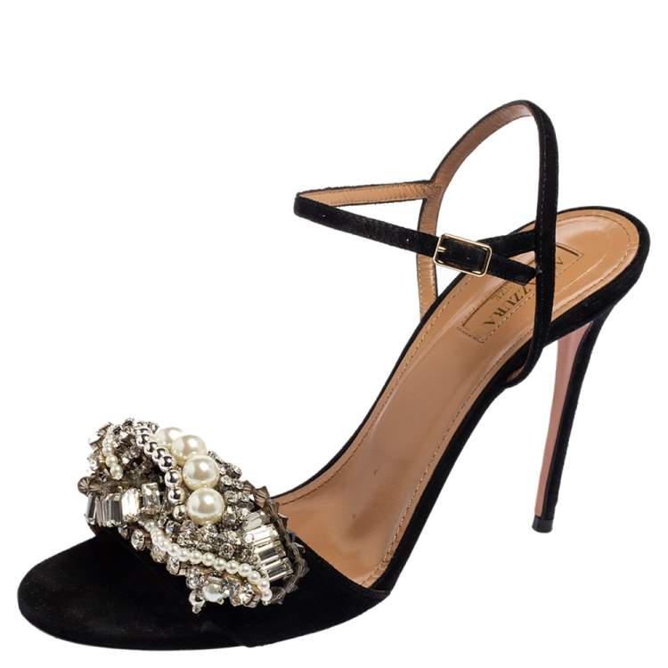 مملوكة مسبقًا Aquazzura Black Suede Embellished  Ankle Strap Sandals Size 40