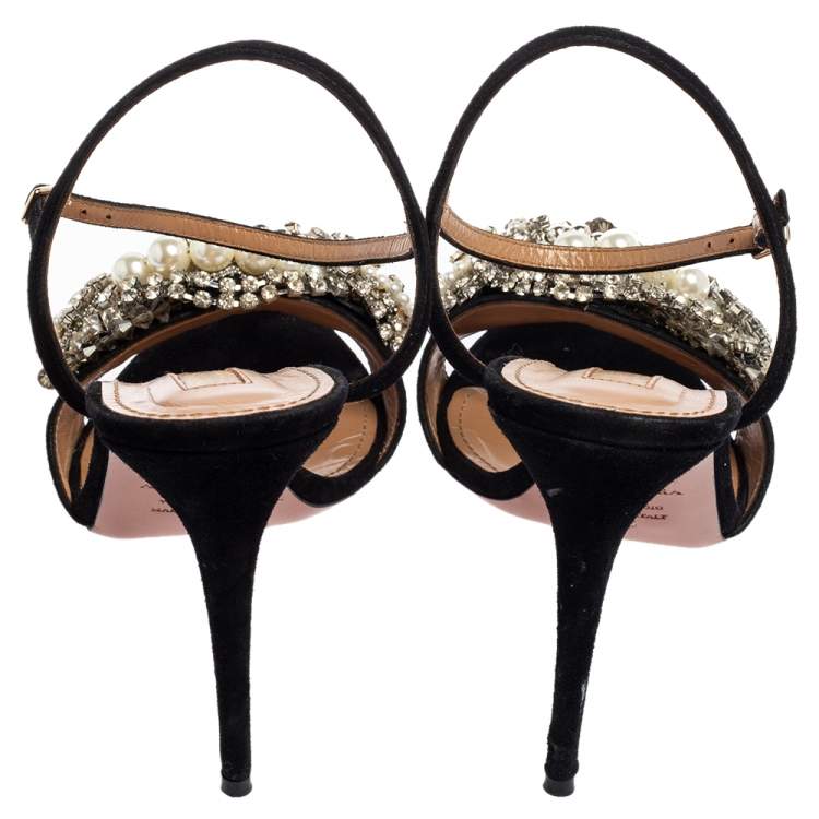 مملوكة مسبقًا Aquazzura Black Suede Embellished  Ankle Strap Sandals Size 40