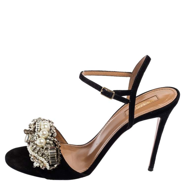 مملوكة مسبقًا Aquazzura Black Suede Embellished  Ankle Strap Sandals Size 40
