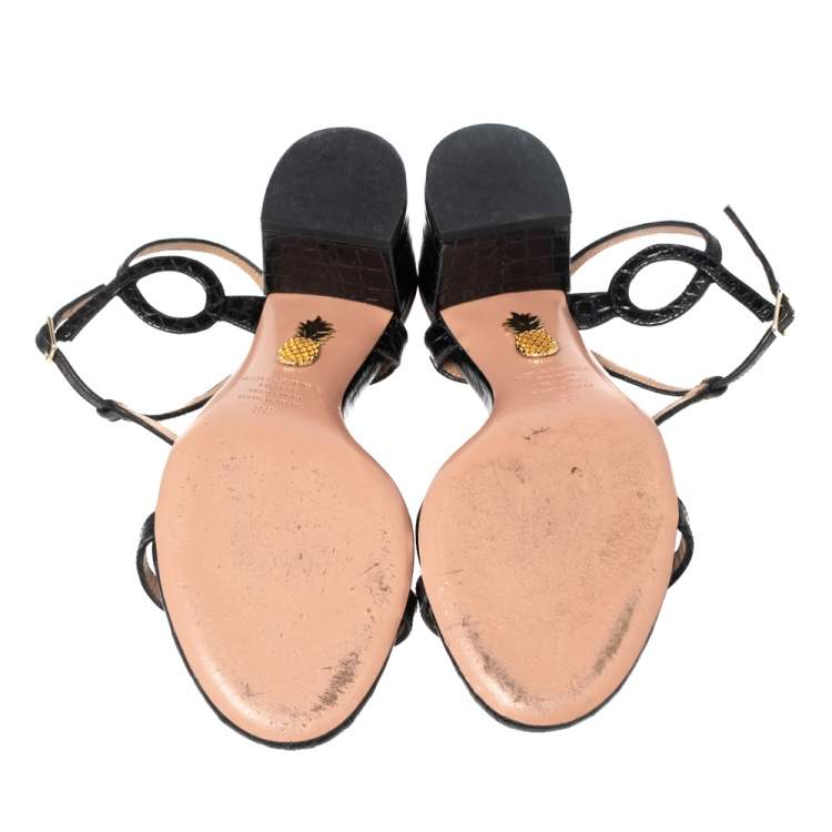 Pre Owned Aquazzura Black Croc Embossed Leather Almost Bare Sandals Size 38
