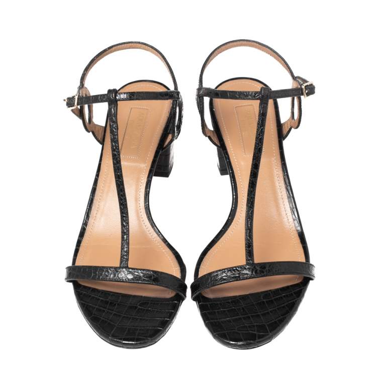 Pre Owned Aquazzura Black Croc Embossed Leather Almost Bare Sandals Size 38
