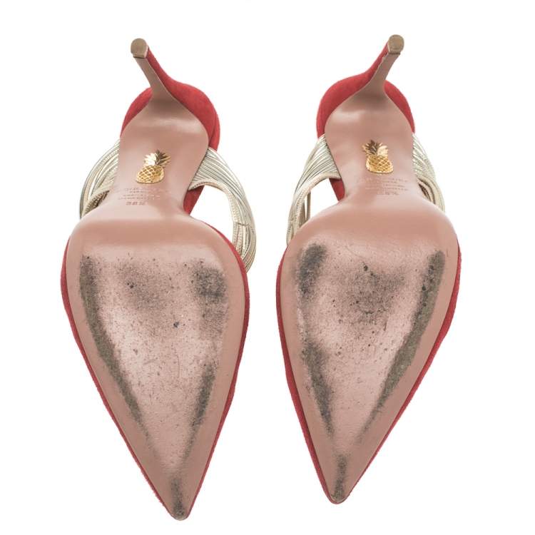 Pre Owned Aquazzura Red Suede And Metallic Gold Leather Rendez Vous Pointed Toe Mules Size 38.5
