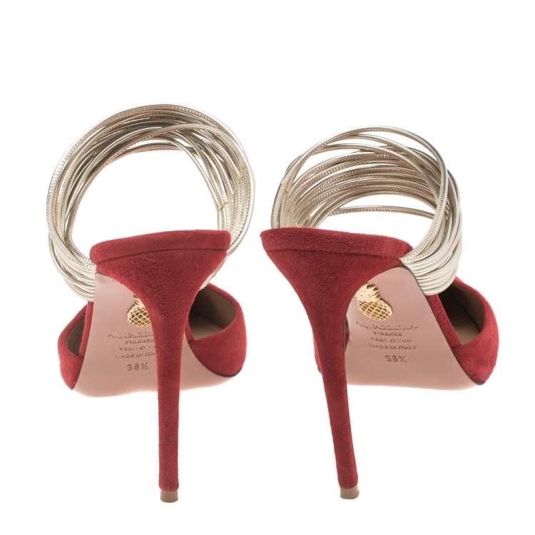Pre Owned Aquazzura Red Suede And Metallic Gold Leather Rendez Vous Pointed Toe Mules Size 38.5