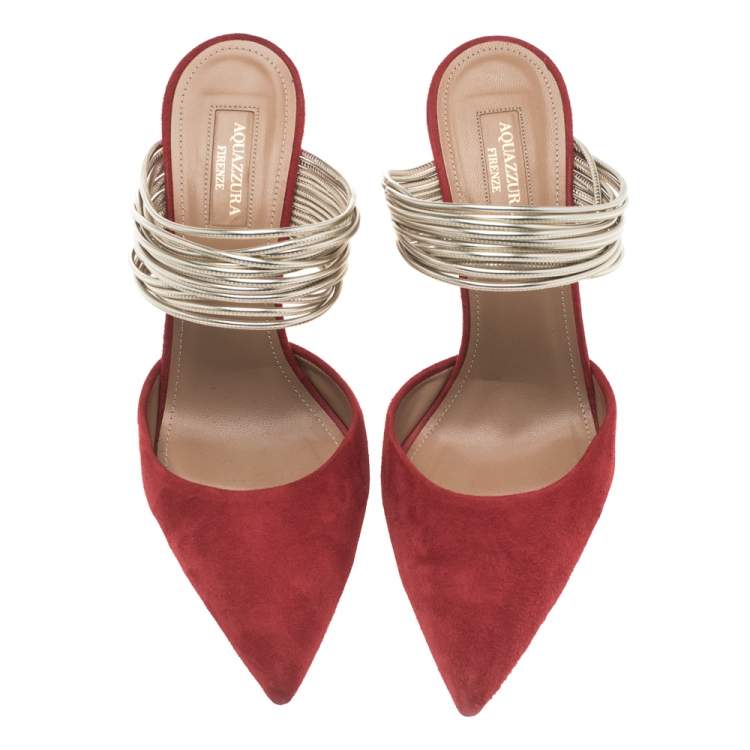 Pre Owned Aquazzura Red Suede And Metallic Gold Leather Rendez Vous Pointed Toe Mules Size 38.5