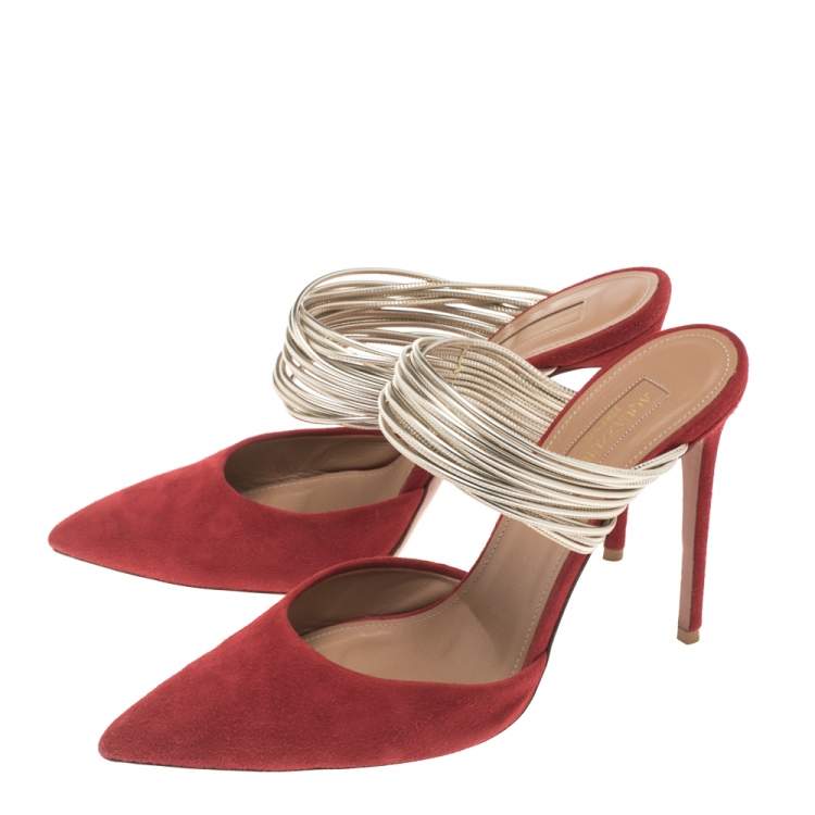 Pre Owned Aquazzura Red Suede And Metallic Gold Leather Rendez Vous Pointed Toe Mules Size 38.5
