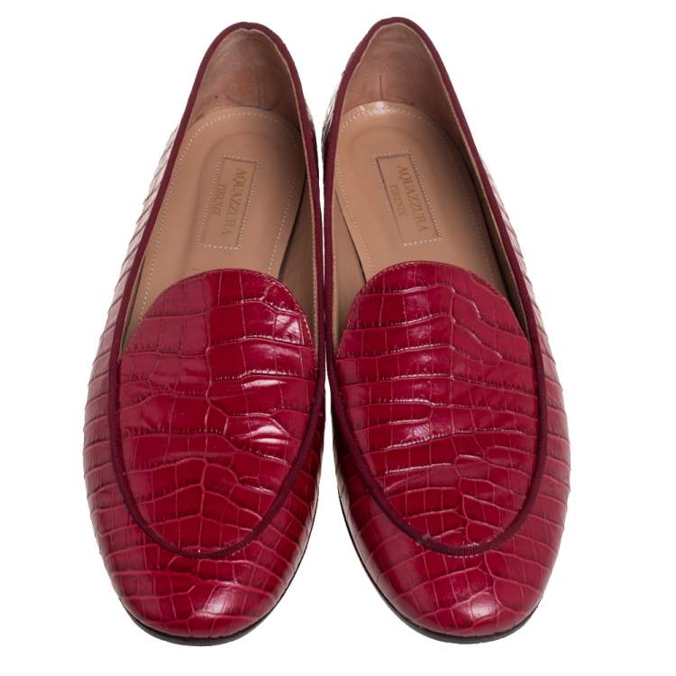 Pre Owned Aquazzura Burgundy Alligator Leather Slip On Loafers Size 37.5