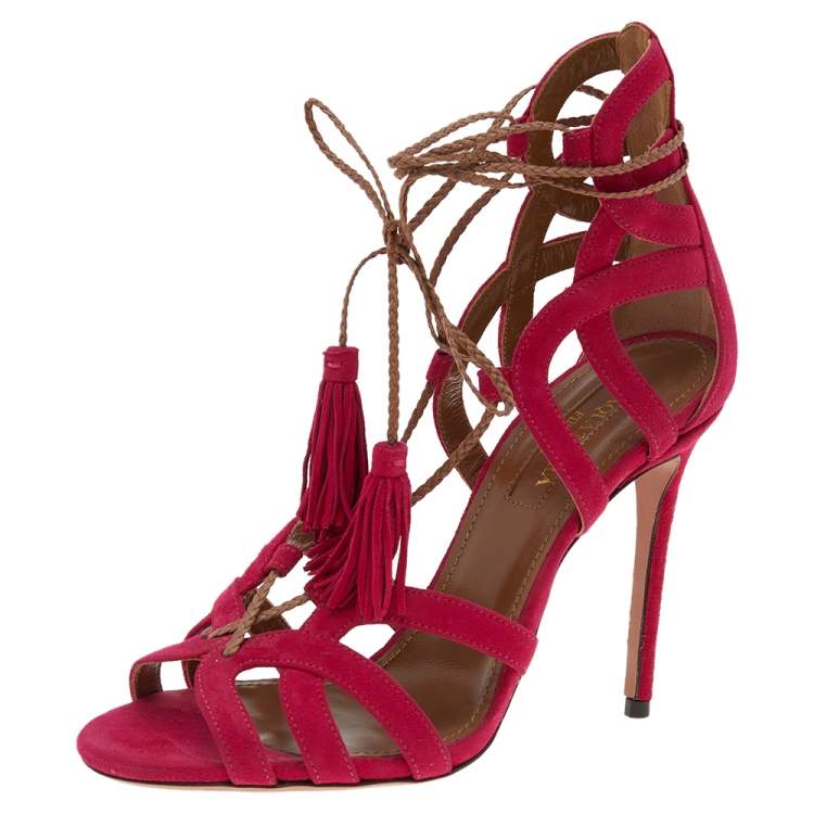 Pre Owned Aquazzura Pink Suede Ooh Lace Up Sandals Size 35