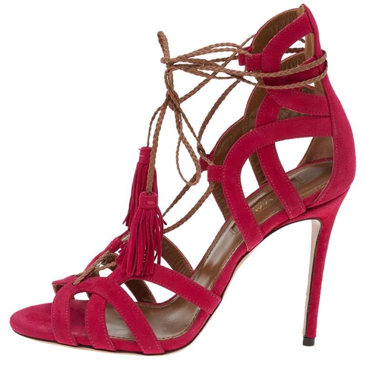 Pre Owned Aquazzura Pink Suede Ooh Lace Up Sandals Size 35