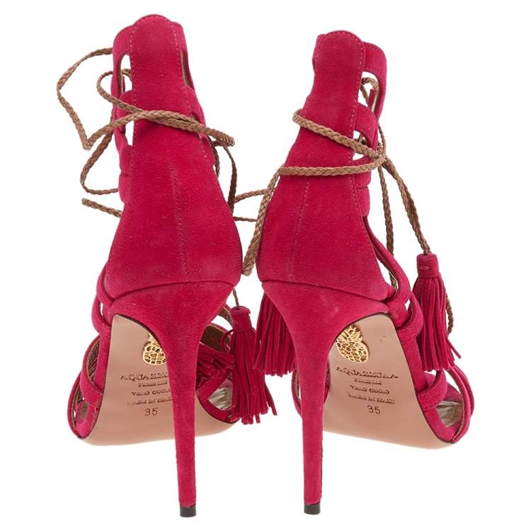Pre Owned Aquazzura Pink Suede Ooh Lace Up Sandals Size 35