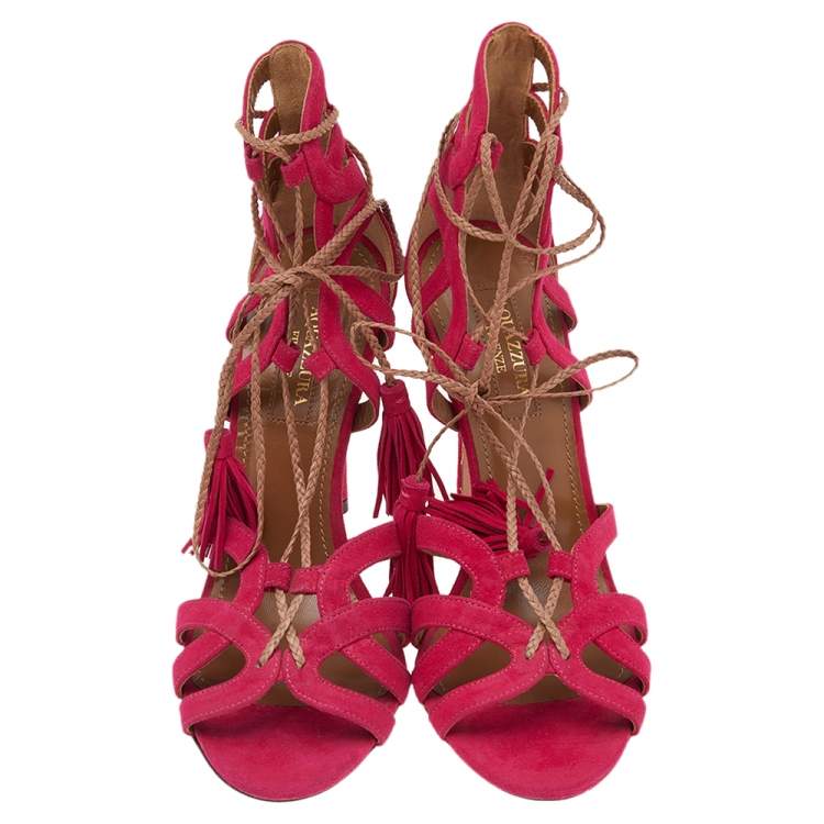 Pre Owned Aquazzura Pink Suede Ooh Lace Up Sandals Size 35