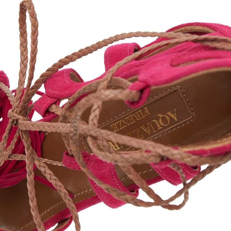 Pre Owned Aquazzura Pink Suede Ooh Lace Up Sandals Size 35