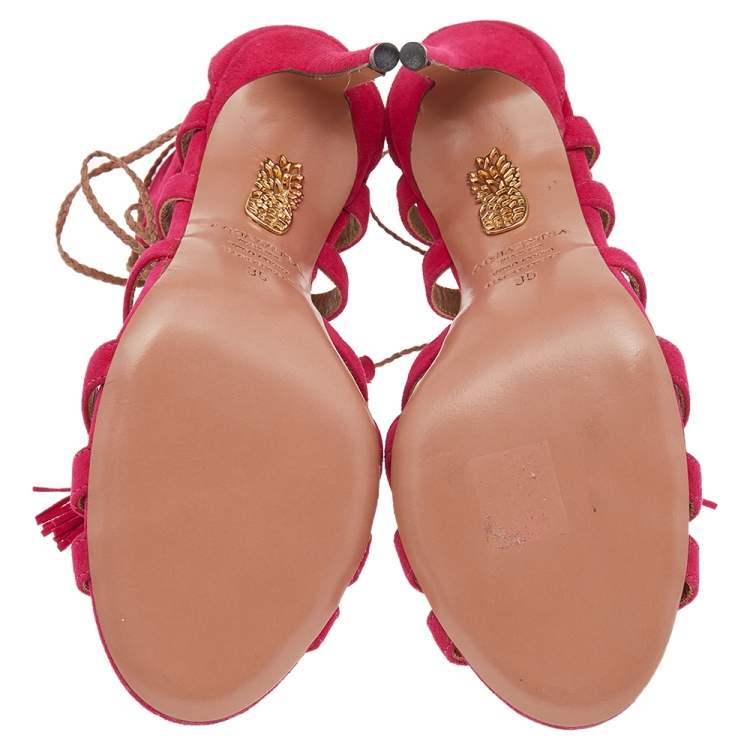 Pre Owned Aquazzura Pink Suede Ooh Lace Up Sandals Size 35
