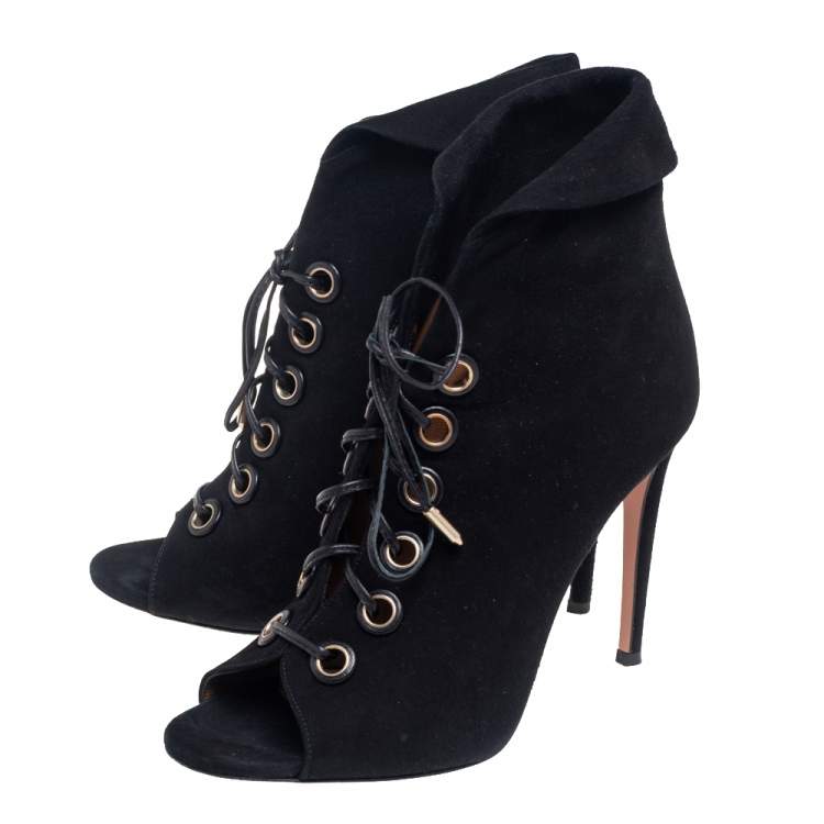 Pre Owned Aquazzura  Black Suede Lace Up Ankle Boots Size 37