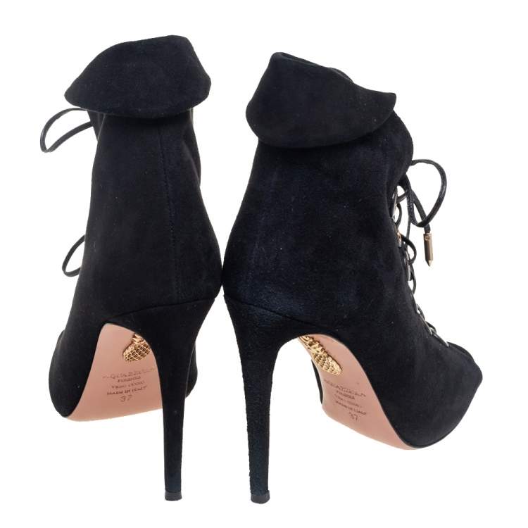 Pre Owned Aquazzura  Black Suede Lace Up Ankle Boots Size 37