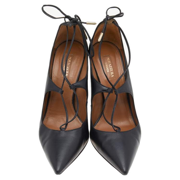 Pre Owned Aquazzura Black Leather Christy Lace Ankle Wrap Pumps Size 38.5