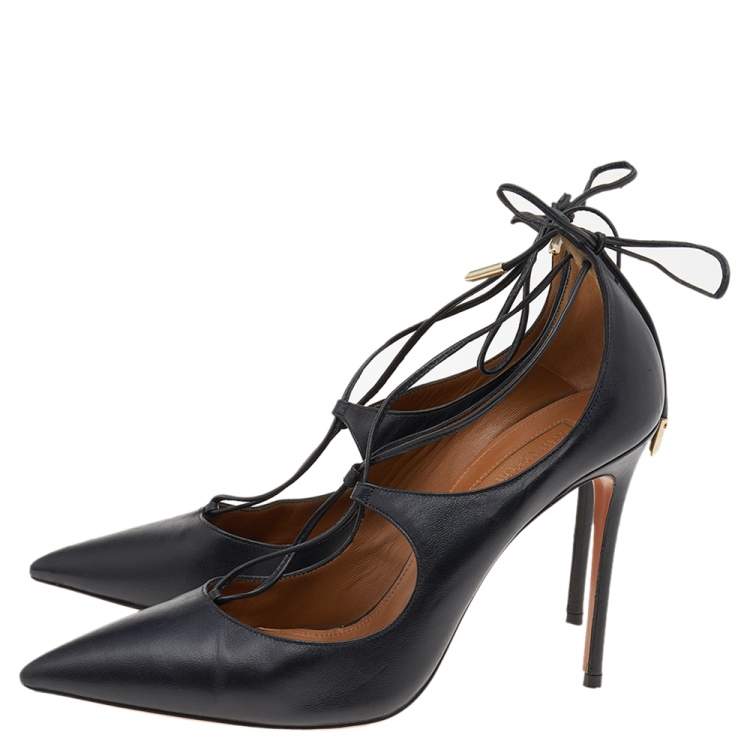 Pre Owned Aquazzura Black Leather Christy Lace Ankle Wrap Pumps Size 38.5