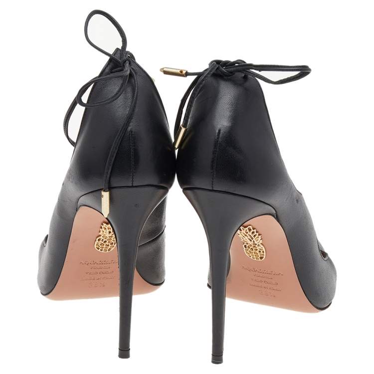 Pre Owned Aquazzura Black Leather Christy Lace Ankle Wrap Pumps Size 38.5