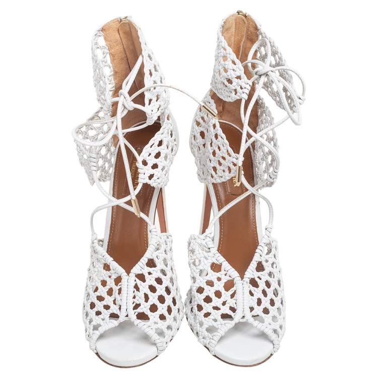 Pre Owned Aquazzura White Woven Leather Be My Lover Ankle Length Sandals Size 39.5