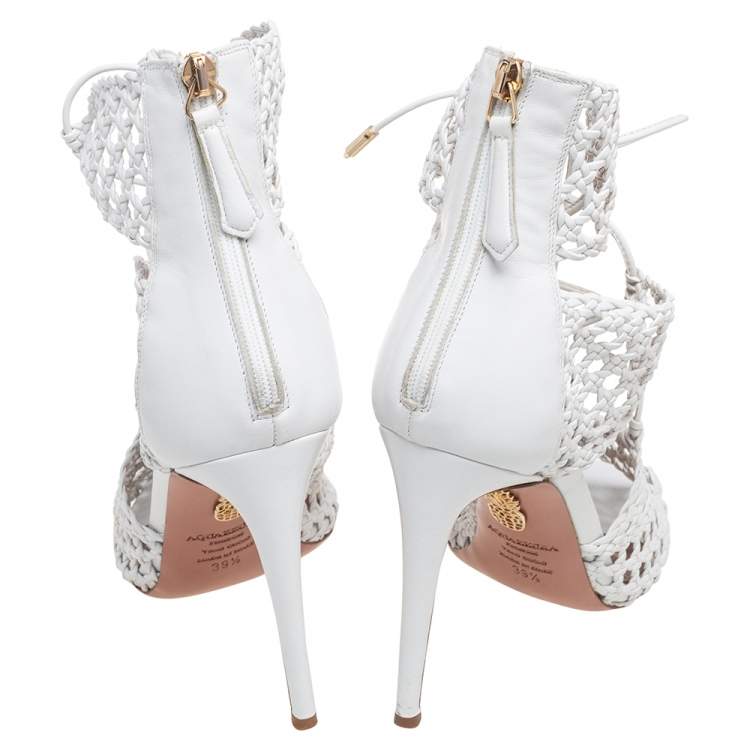 Pre Owned Aquazzura White Woven Leather Be My Lover Ankle Length Sandals Size 39.5