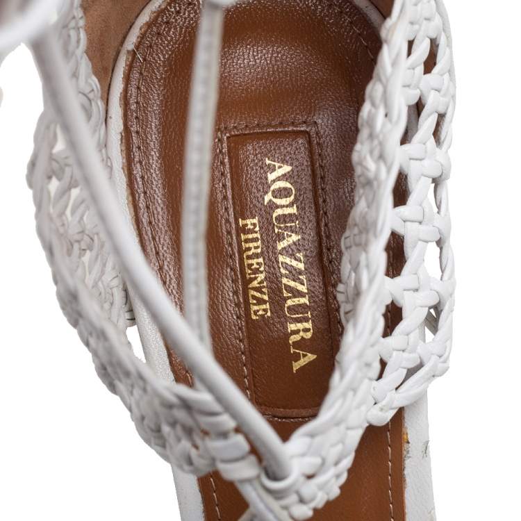 Pre Owned Aquazzura White Woven Leather Be My Lover Ankle Length Sandals Size 39.5