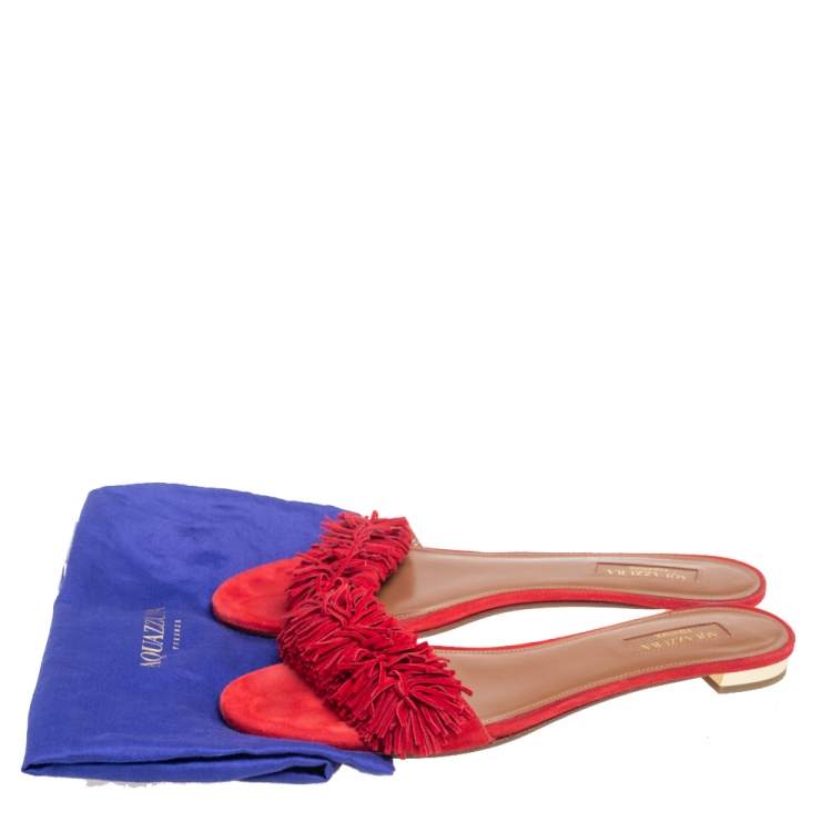 Pre Owned Aquazzura Red Suede Wild Thing Fringe Trimmed Flat Slides Size 37.5