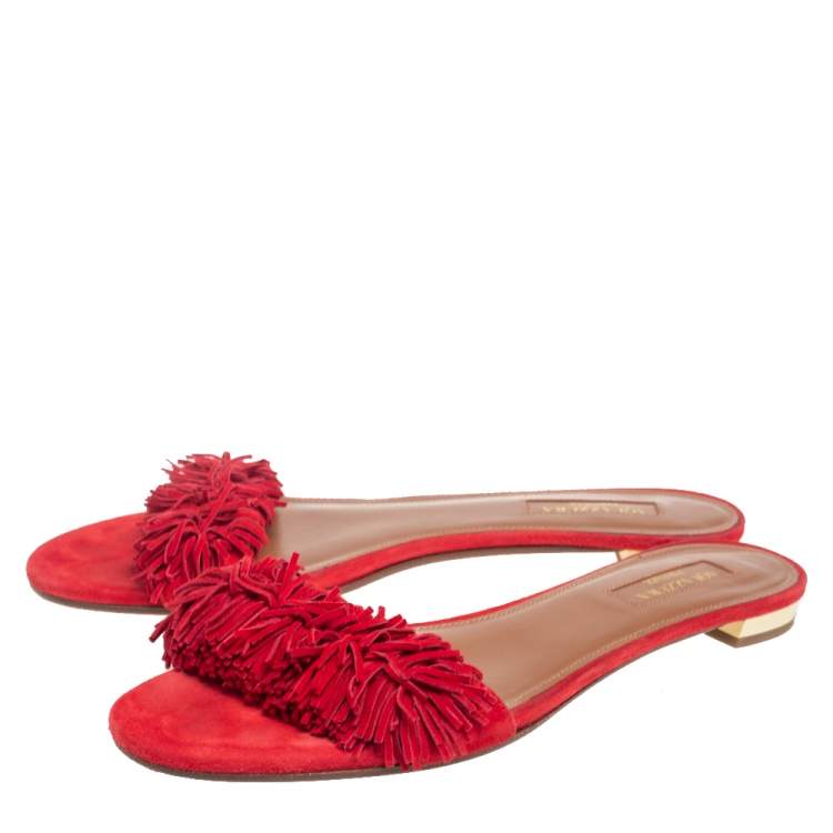 Pre Owned Aquazzura Red Suede Wild Thing Fringe Trimmed Flat Slides Size 37.5