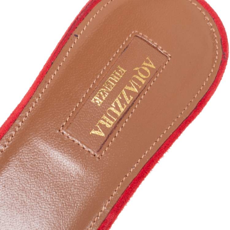 Pre Owned Aquazzura Red Suede Wild Thing Fringe Trimmed Flat Slides Size 37.5