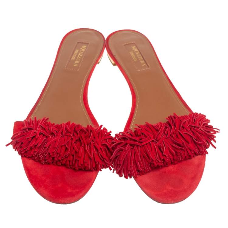 Pre Owned Aquazzura Red Suede Wild Thing Fringe Trimmed Flat Slides Size 37.5